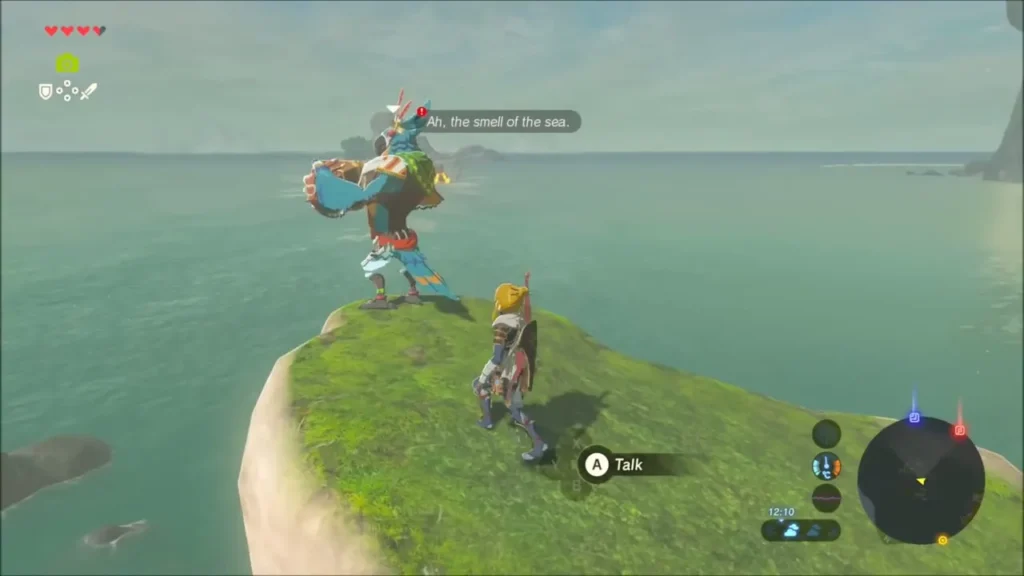 Kass the Rito bard playing his accordion on a grassy rock pillar above the sea