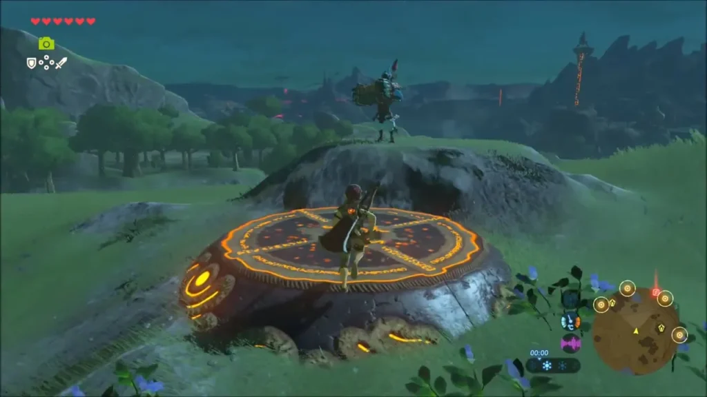 Link on the glowing pedestal below Kass standing on a rock at dusk