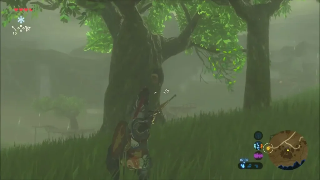 Link aiming an arrow at the knothole in a forest tree
