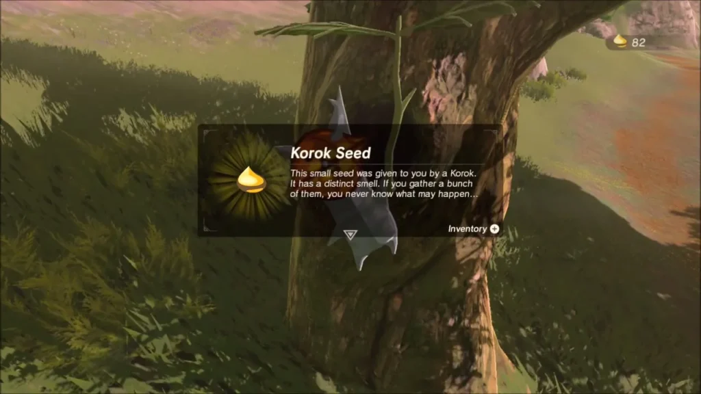 Korok Seed item box beside the Korok on the tree trunk