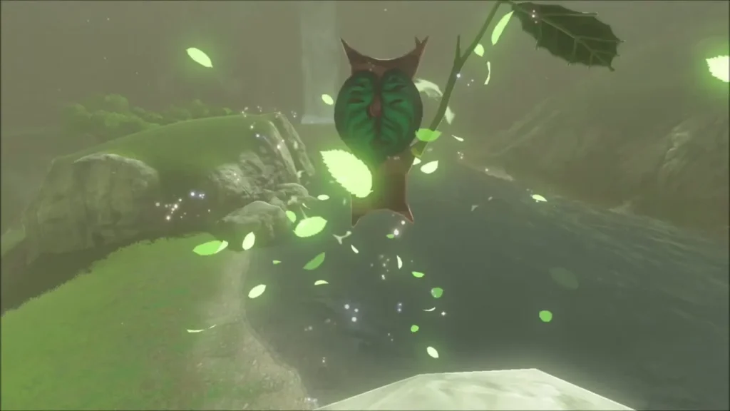 A Korok appears with swirling green leaves at the edge of the pool