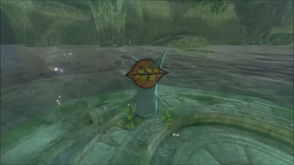 A Korok appearing on the submerged platform after the rock is lifted