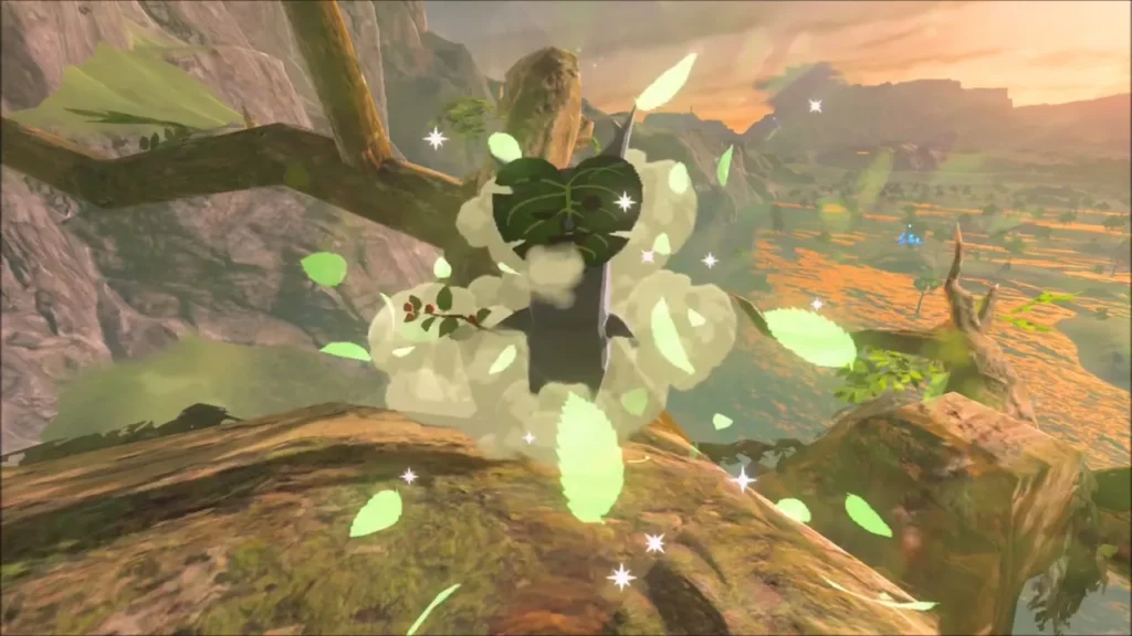 A Korok bursting out in leaves among the tree branches