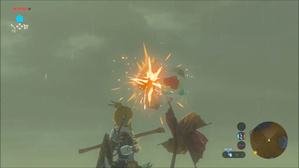 An arrow bursting the Korok balloon as the Korok drops down