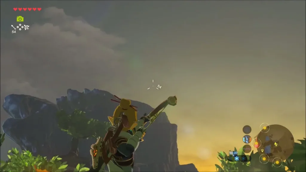 Link drawing his bow at small objects flying through the air