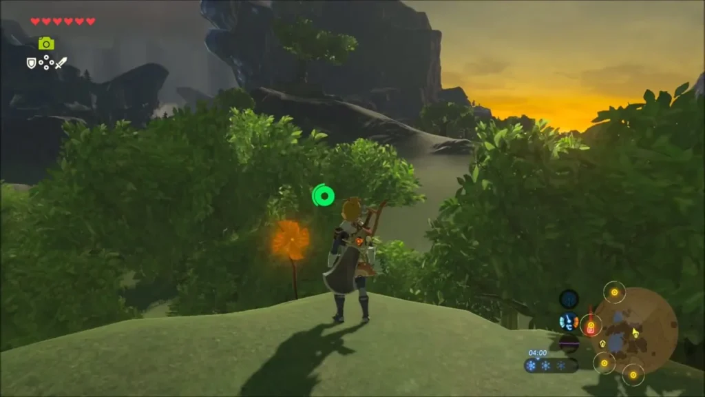 Link standing on a grassy hilltop among thick bushes at sunset