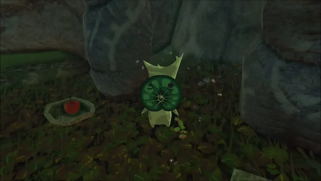 A Korok appearing beside the statues next to the apple on the second dish