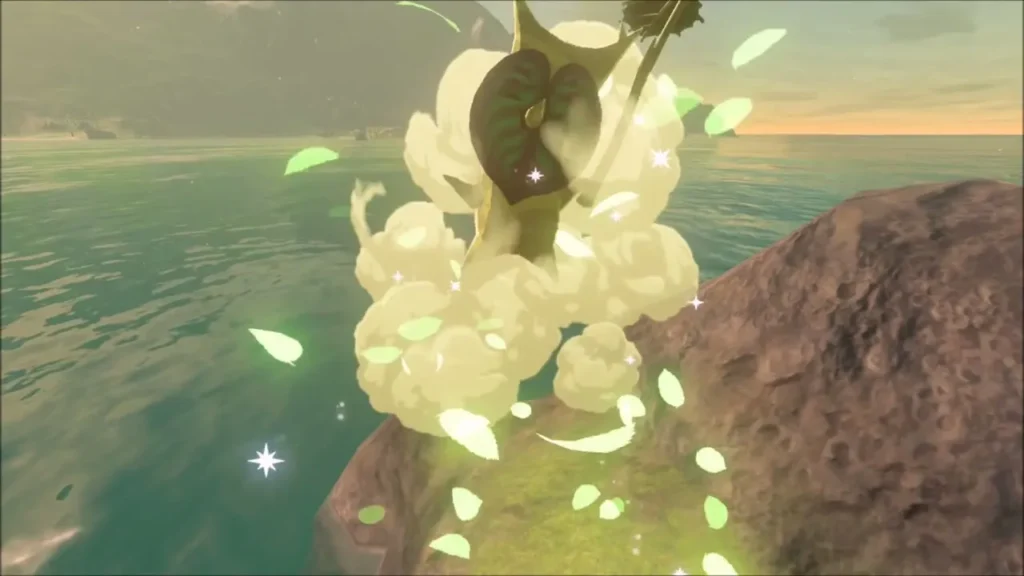A Korok bursting out in leaves on the rocky islet