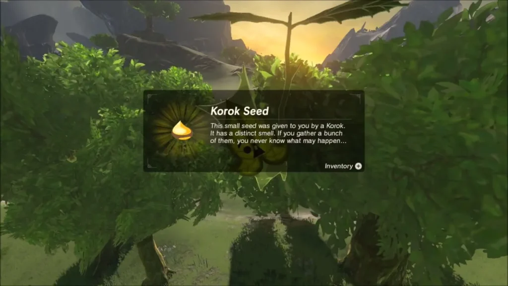The Korok Seed item box shown over the bushy hilltop