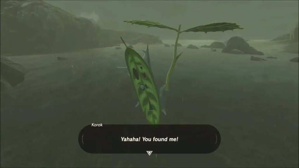 A Korok standing in the shallows saying 'You found me!'