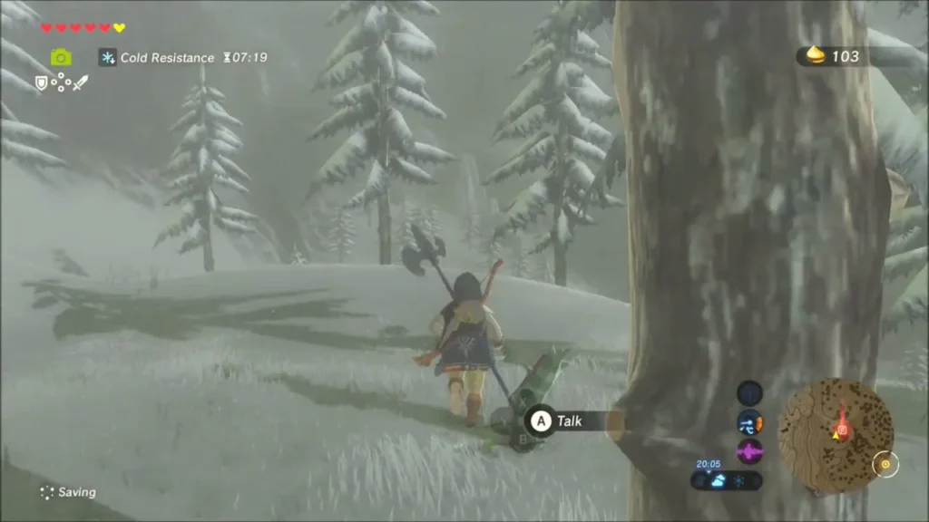 Link walking up to the Korok beside a pine trunk in the snow