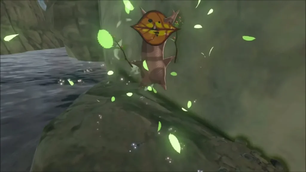 Korok popping out from under the rock on the ledge