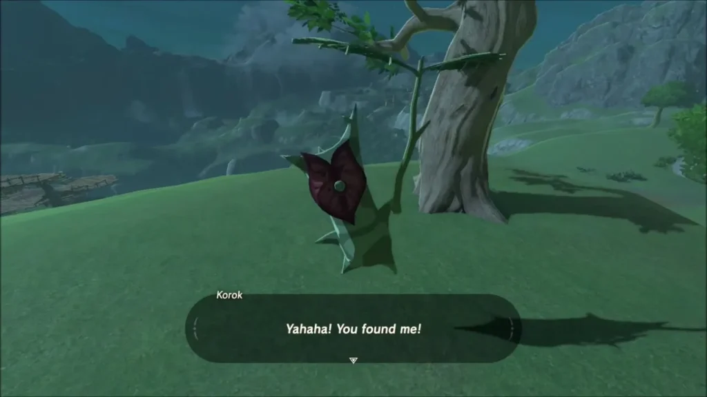 A Korok beside the tree saying it was found