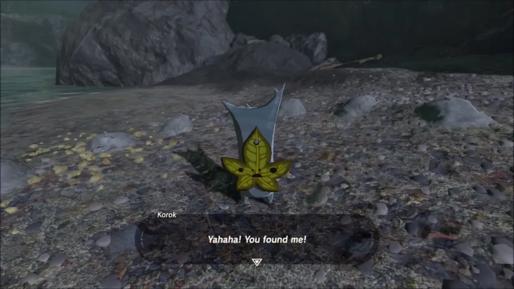 Korok greeting Link on the pebble beach