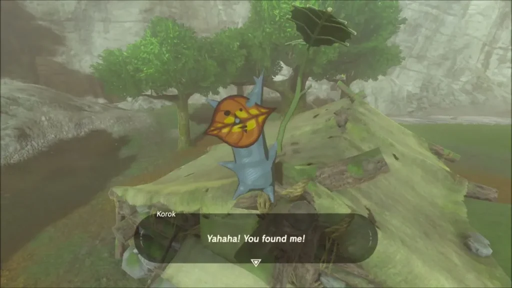 The Korok on the mossy boulder saying Yahaha, you found me