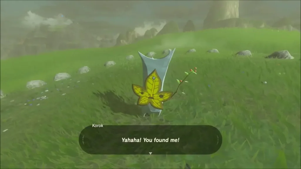 A Korok appearing by the stone ring saying Yahaha