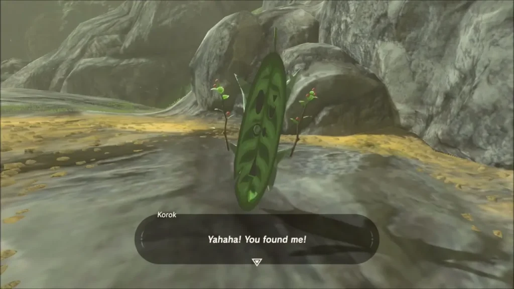 Korok springing up beside a rock on the yellow-grassed slope