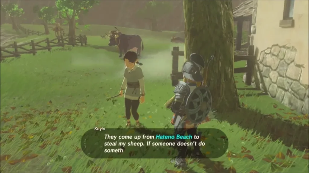 Koyin at her farm tells Link that monsters come up from Hateno Beach to steal her sheep