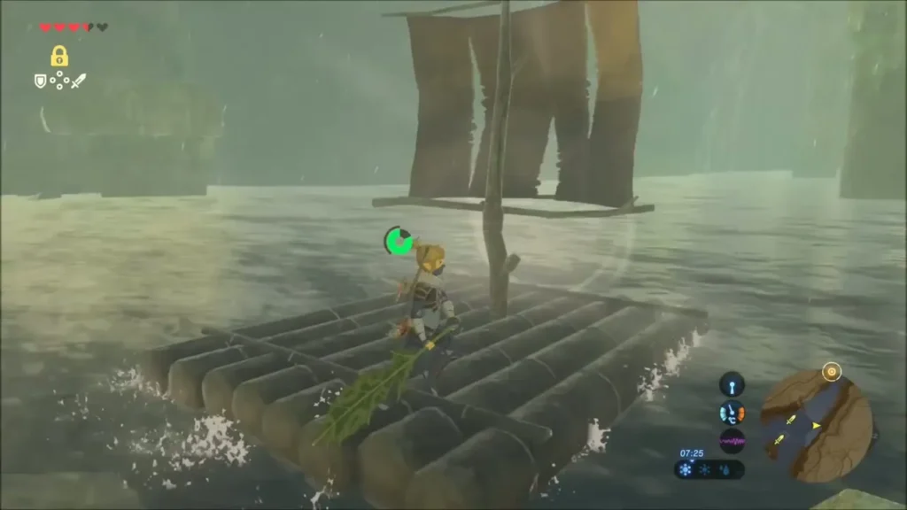 Link on a wooden raft with a sail, waving the leaf fan across the water
