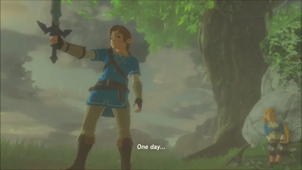 Link raising his sword beneath the tree as young Zelda watches from the roots