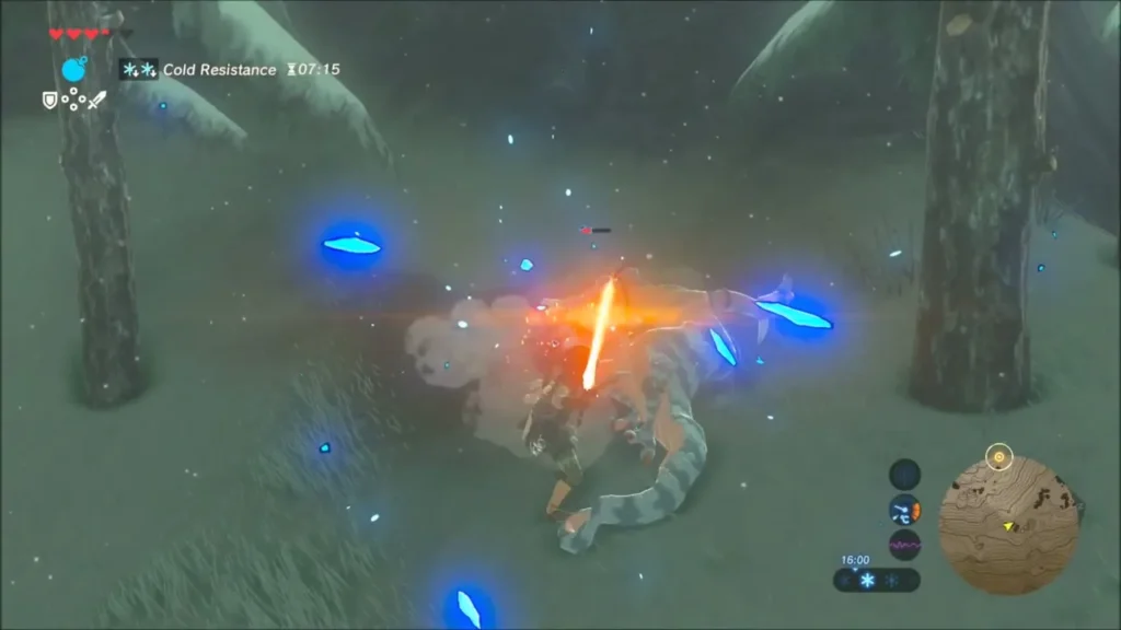 Link striking a Lizalfos in a flurry of blue light