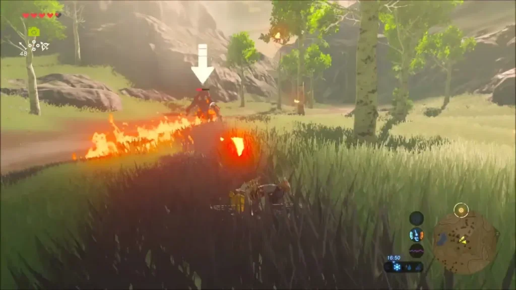 Link shooting fire arrows at a distant Lynel