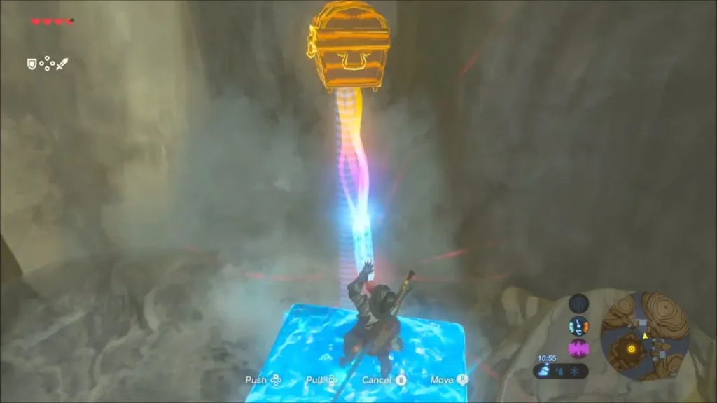 Link on a Cryonis ice block lifting a metal chest with Magnesis