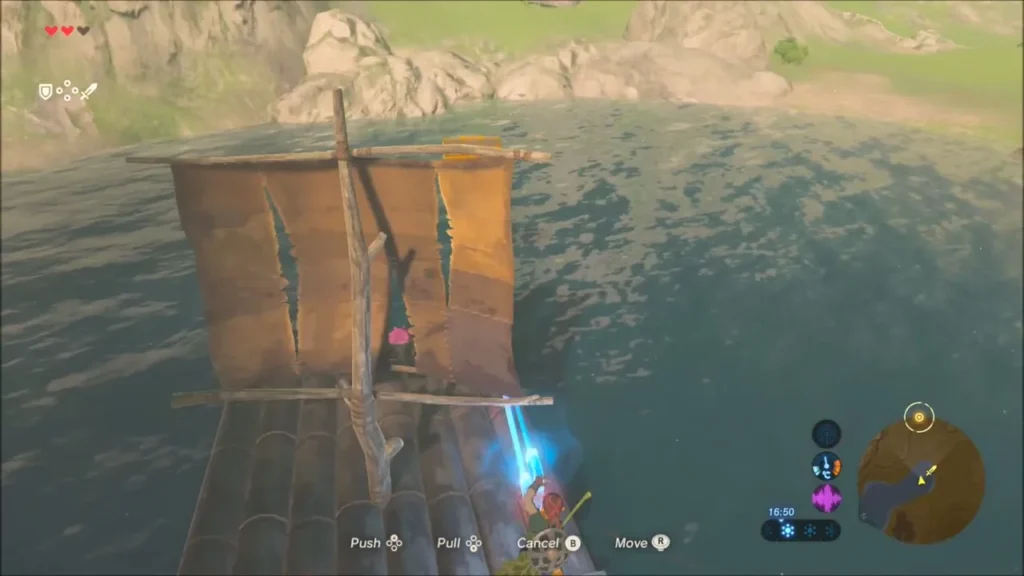 Link using Magnesis from the raft to pull a chest across the water