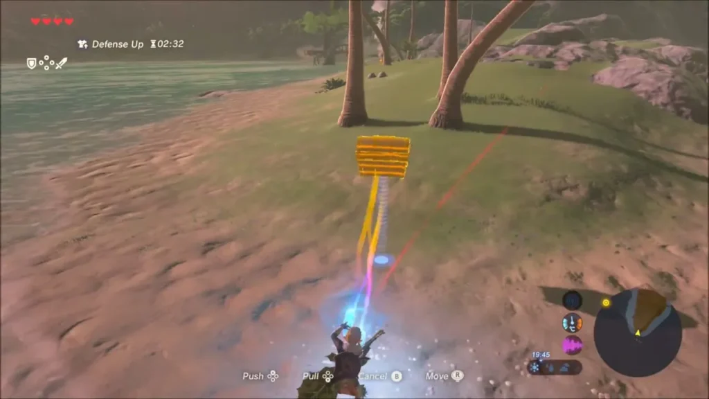Link dragging a metal chest out of the sand with Magnesis