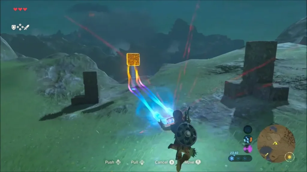 Link pulling a loose orange metal block with Magnesis toward the stack