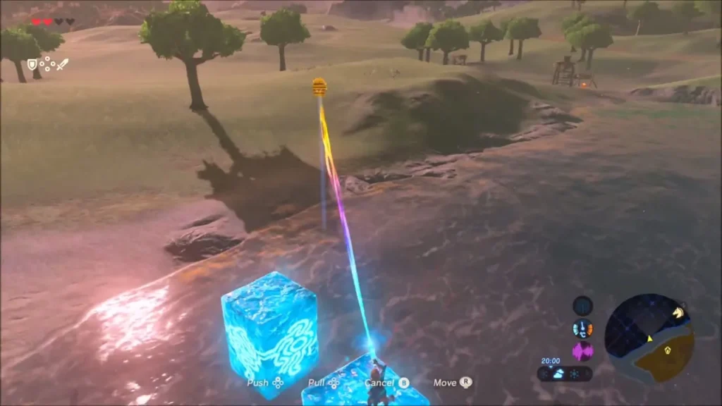 Link aiming Magnesis at a sunken chest while an ice block floats nearby
