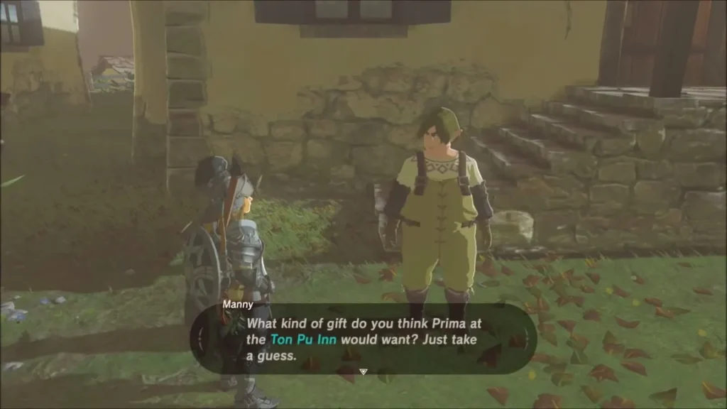 Manny asking Link what gift Prima at the Ton Pu Inn would like