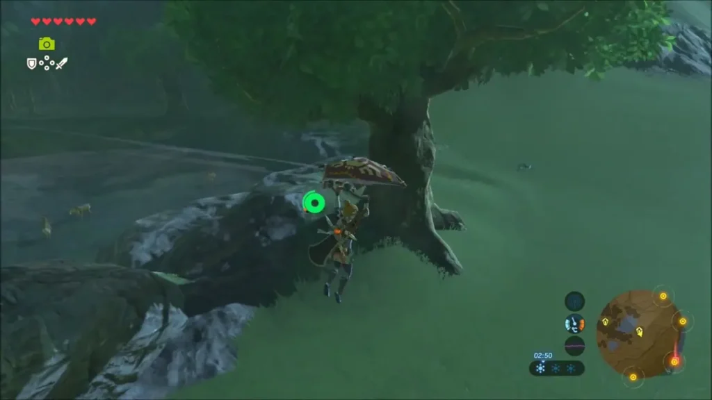 Link gliding down toward a large tree beside a rocky outcrop