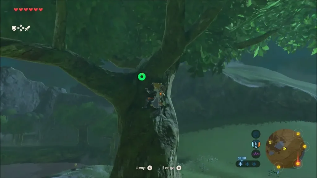 Link climbing the trunk of the large tree