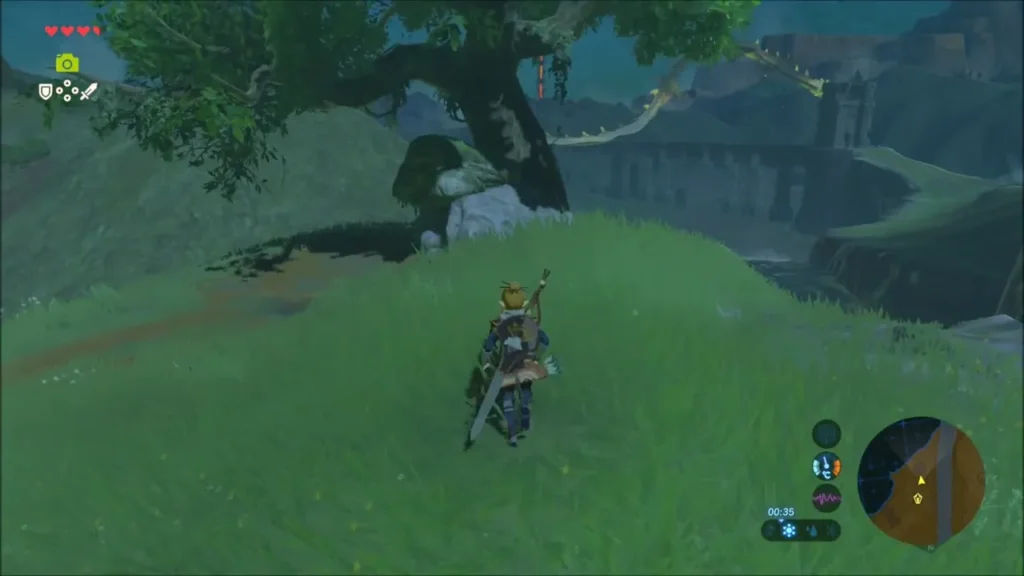 Link on a grassy rise beside a large tree facing the Hyrule Castle walls at night