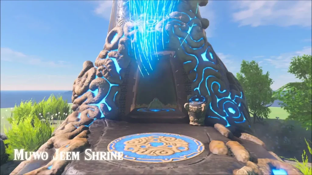 Muwo Jeem Shrine entrance and warp pad on the southern clifftop