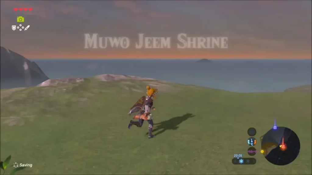Link running toward Muwo Jeem Shrine on the cape at sunset