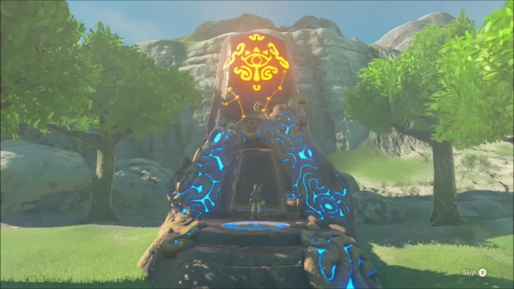 Myahm Agana Shrine activated with blue glowing markings