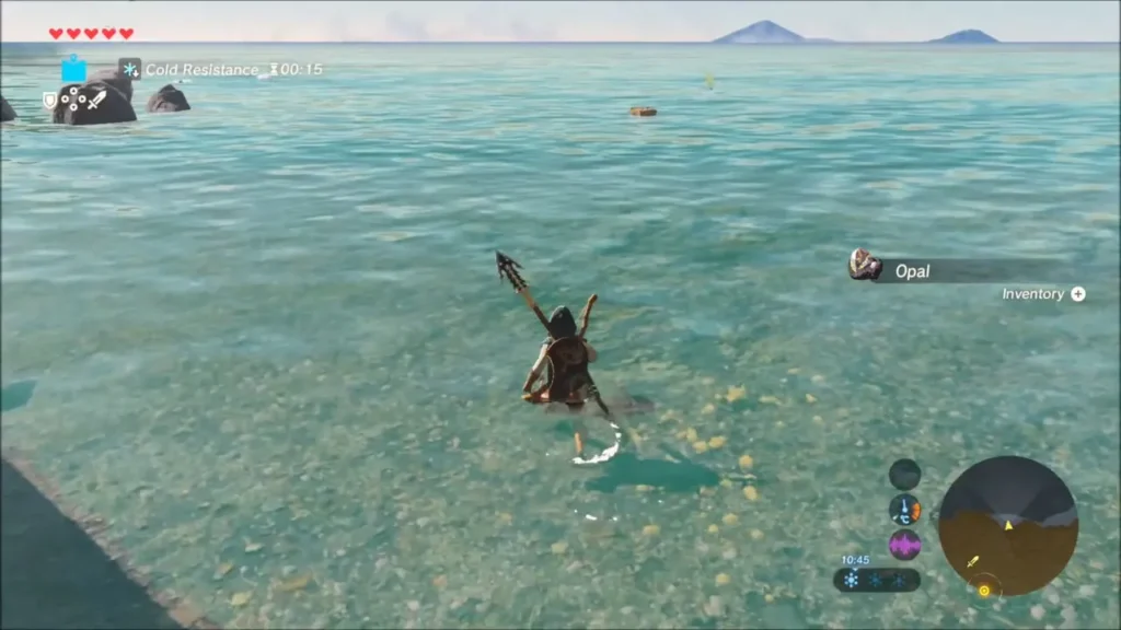 Link swimming in shallow water with an Opal in the pickup box
