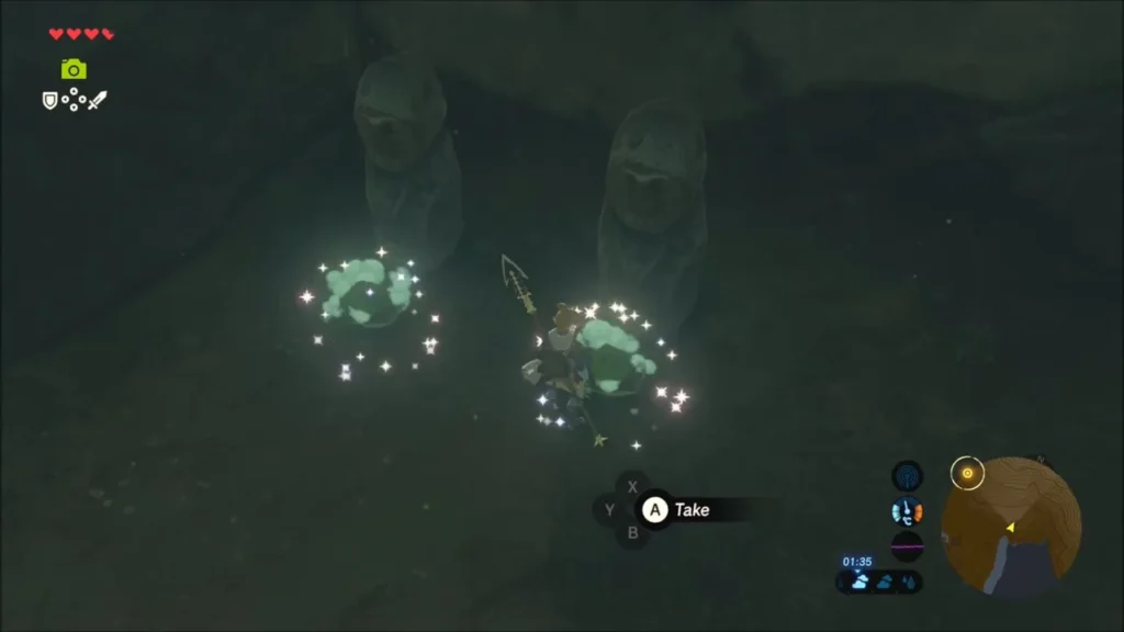 Both statue dishes glowing after the fruit is set down