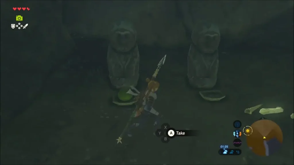 Two stone statues in a dark hollow, a Palm Fruit on one dish