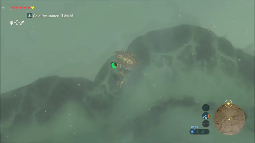 Link gliding past a snowy mountain ridge