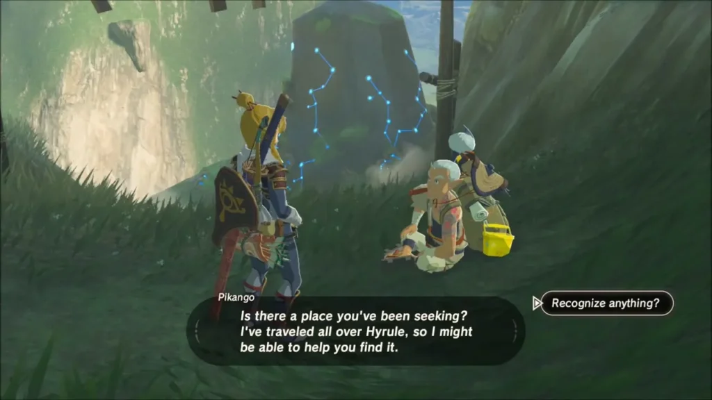 Pikango sitting by the roadside asking Link if he seeks a place