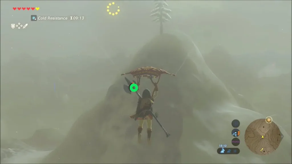 Link gliding toward a lone pine on a rounded peak with a yellow ring above