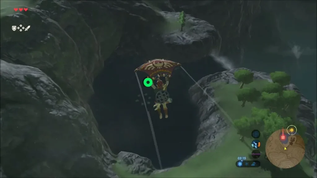 Link gliding down into the huge pit in the mountain