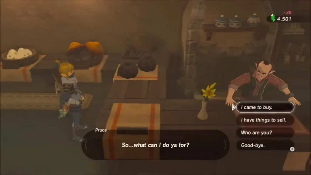 Pruce leaning on the counter beside shelves of eggs and goods