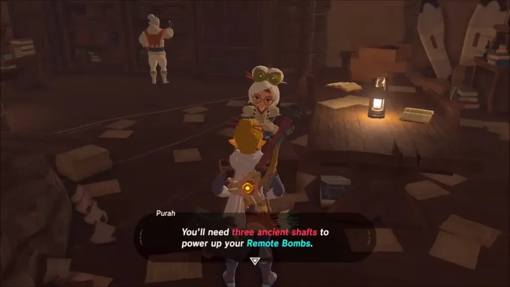 Purah saying three ancient shafts power up the Remote Bomb
