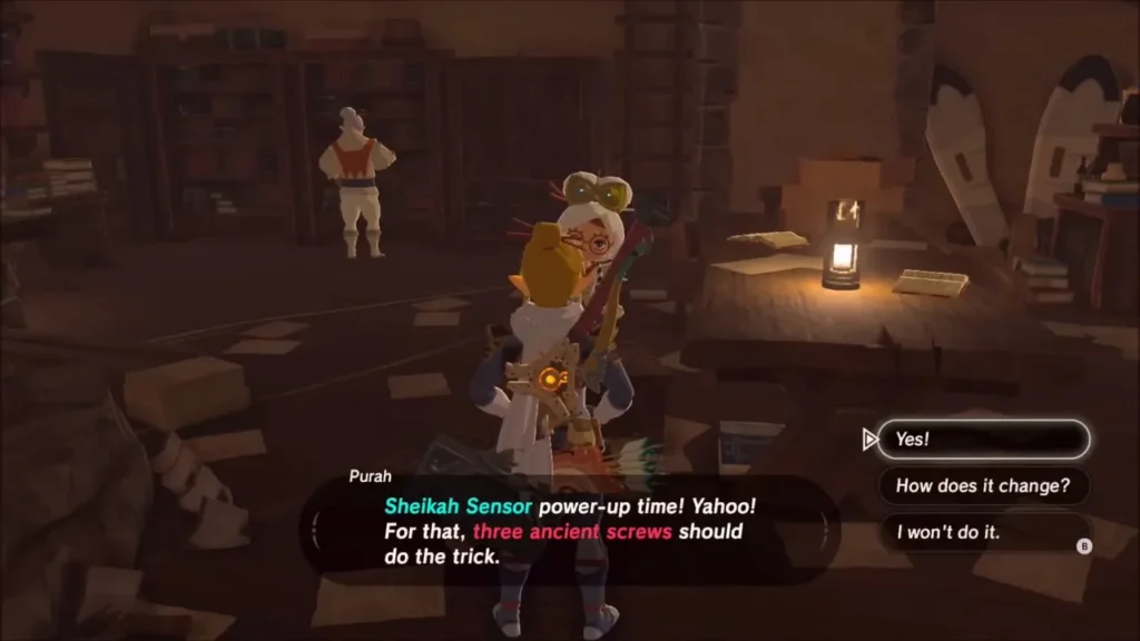 Purah offering the Sheikah Sensor upgrade for three ancient screws