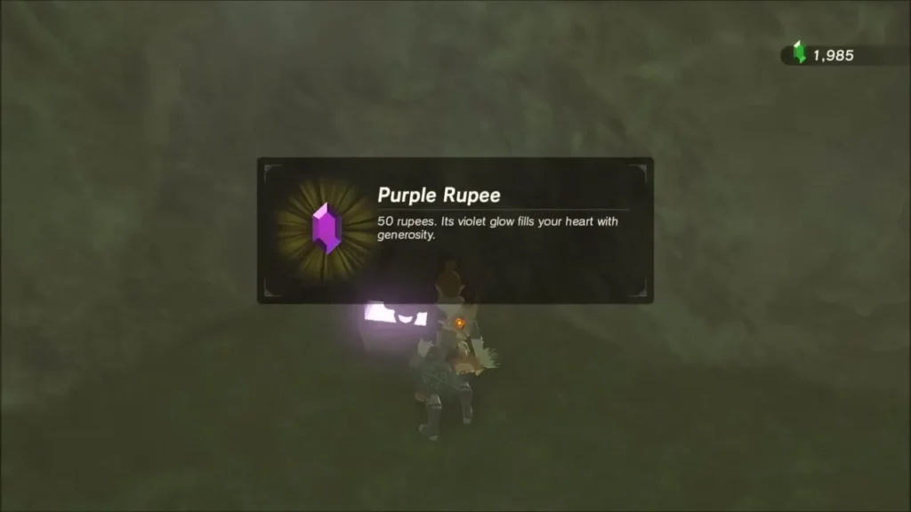 Link opening a chest in the cave and receiving a Purple Rupee