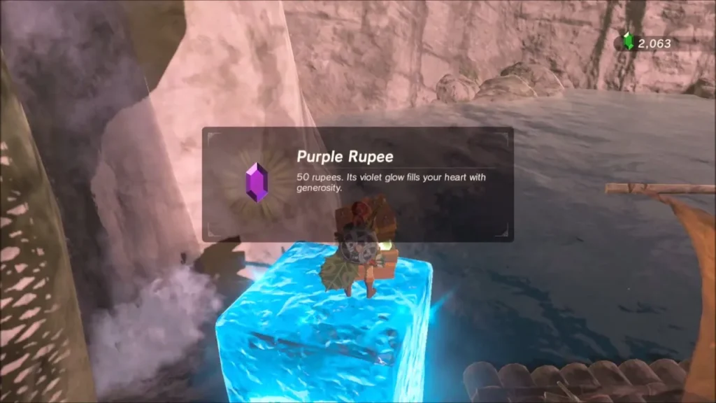 Link standing on an ice block holding up a Purple Rupee